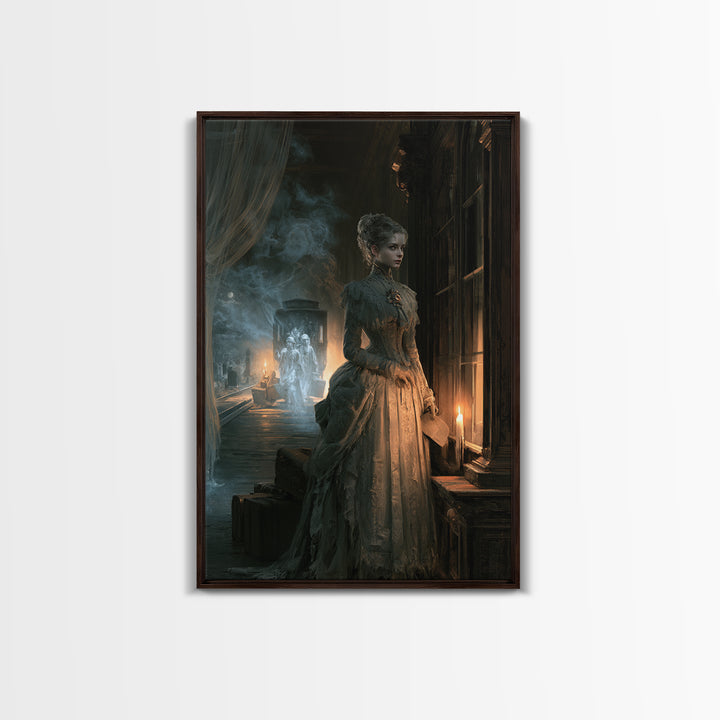 The Ghost Train Arrival, Antique Gothic Portrait, Vertical Wall Art, Framed Canvas Print, Gothic Wall Decor, Halloween Portrait Art