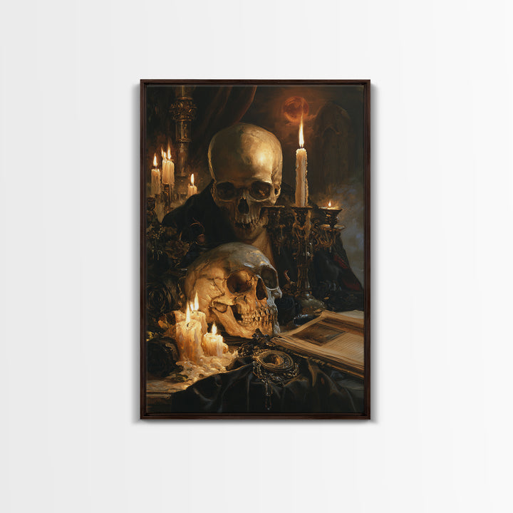 The Talking Skull, Dark Academia Wall Art, Vertical Wall Art, Framed Canvas Print, Gothic Wall Decor, Halloween Portrait Art