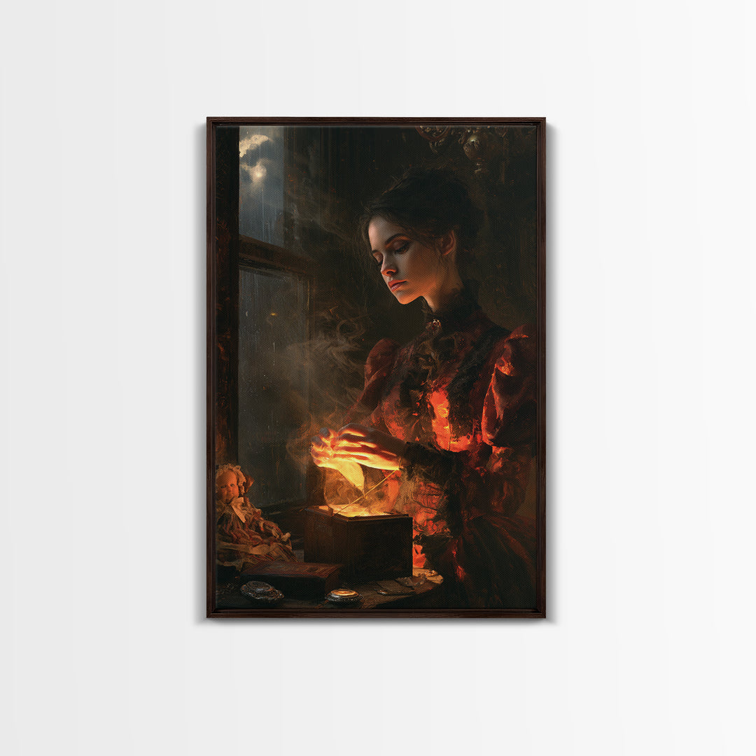 The Haunted Music Box, Victorian Horror Portrait, Vertical Wall Art, Framed Canvas Print, Gothic Wall Decor, Halloween Portrait Art