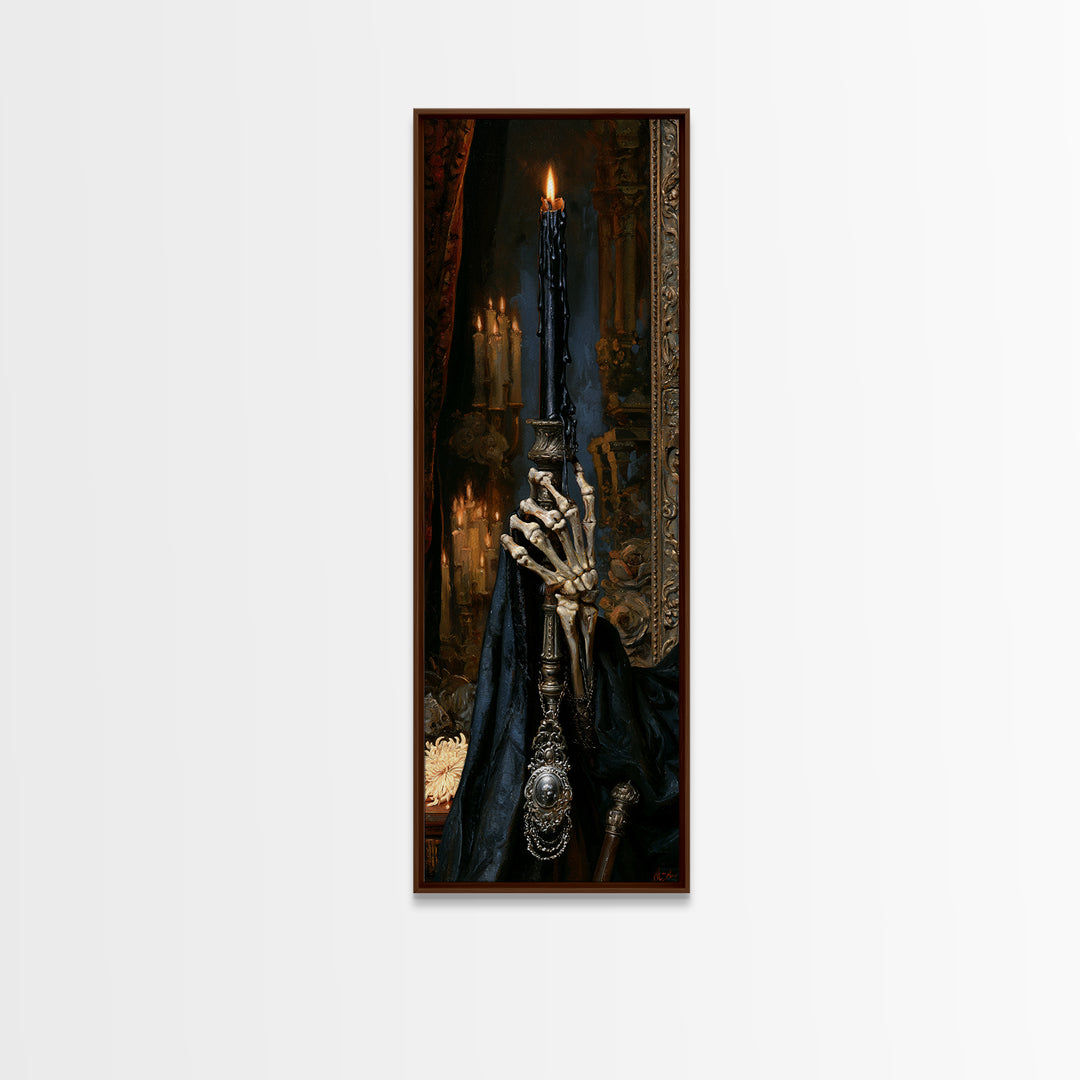 The Skeletal Hand Candleholder, Victorian Horror Portrait, Tall Narrow Wall Art, Framed Canvas Print, Gothic Wall Decor, Macabre Wall Art