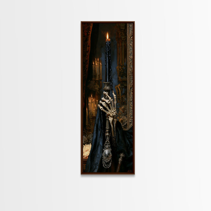 The Skeletal Hand Candleholder, Victorian Horror Portrait, Tall Narrow Wall Art, Framed Canvas Print, Gothic Wall Decor, Macabre Wall Art