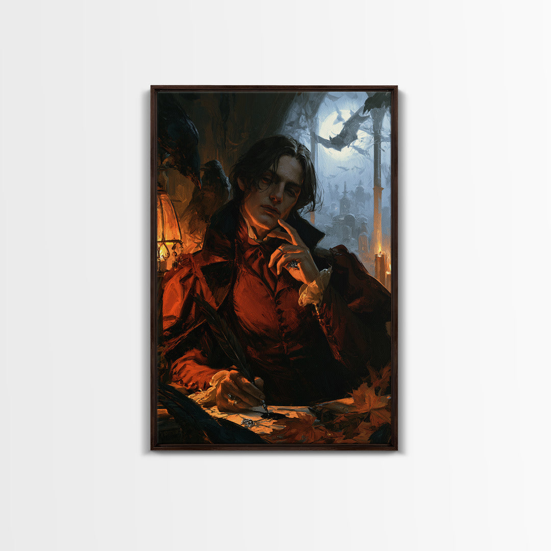 The Raven-Feather Quill, Dark Academia Wall Art, Vertical Wall Art, Canvas Print, Gothic Wall Decor, Halloween Portrait Art, Horror Wall Art