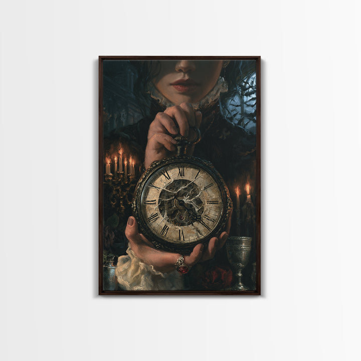 The Cursed Pocket Watch, Victorian Horror Portrait, Vertical Wall Art, Framed Canvas Print, Gothic Wall Decor, Halloween Portrait Art