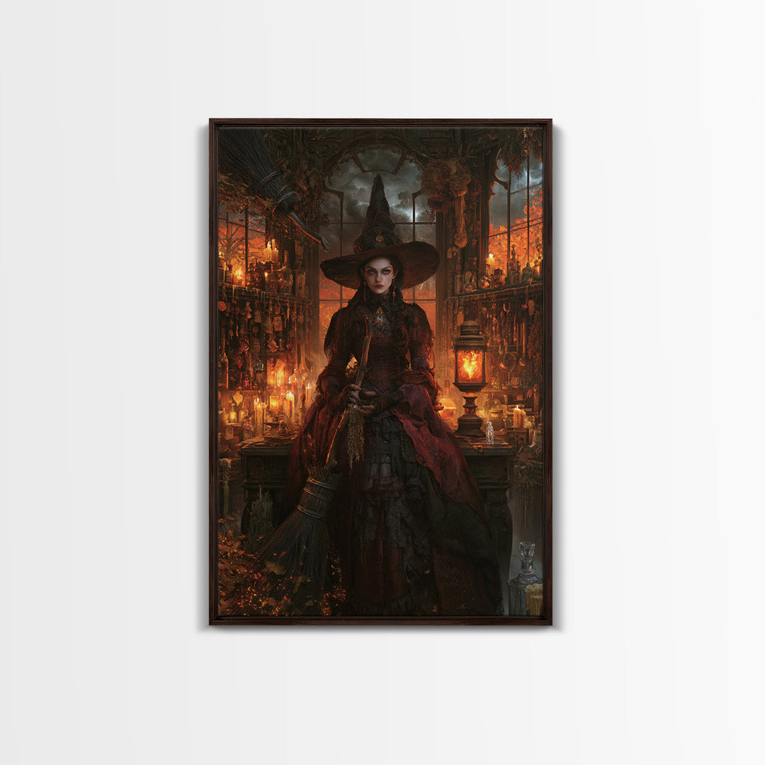 The Witch'S Broom, Dark Academia Wall Art, Vertical Wall Art, Framed Canvas Print, Gothic Wall Decor, Halloween Portrait Art