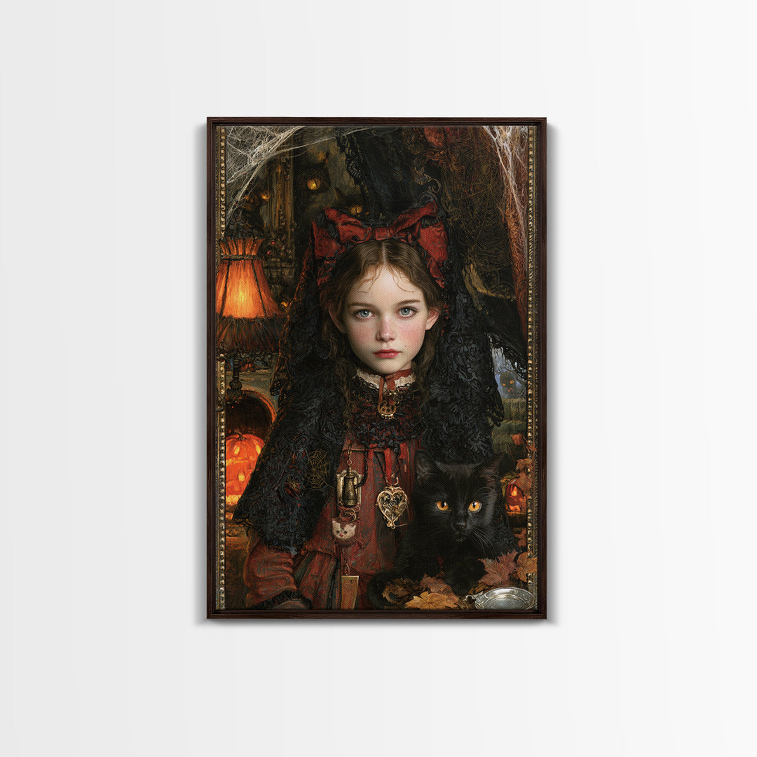 Black Lace And Cobwebs, Antique Gothic Portrait, Vertical Wall Art, Framed Canvas Print, Gothic Wall Decor, Halloween Portrait Art