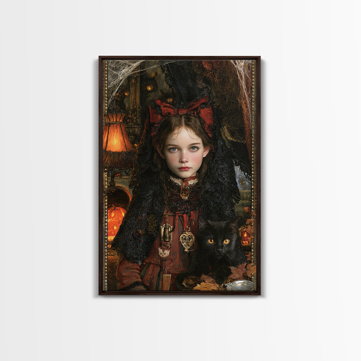 Black Lace And Cobwebs, Antique Gothic Portrait, Vertical Wall Art, Framed Canvas Print, Gothic Wall Decor, Halloween Portrait Art