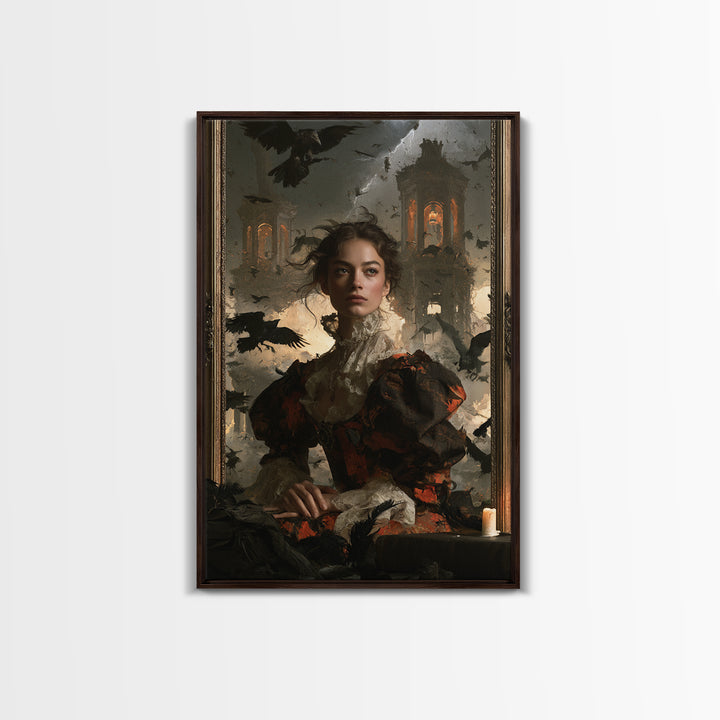 Ravens And Ruins, Victorian Gothic Art, Vertical Wall Art, Framed Canvas Print, Gothic Wall Decor, Halloween Portrait Art