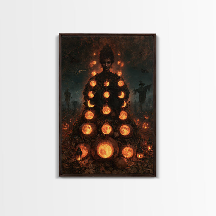 Pumpkins And Moon Phases, Victorian Horror Portrait, Vertical Wall Art, Canvas Print, Gothic Wall Decor, Halloween Portrait Art