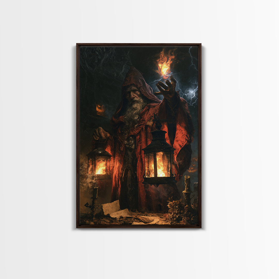 The Lantern Mage, Macabre Victorian Decor, Vertical Wall Art, Framed Canvas Print, Gothic Wall Decor, Halloween Portrait Art