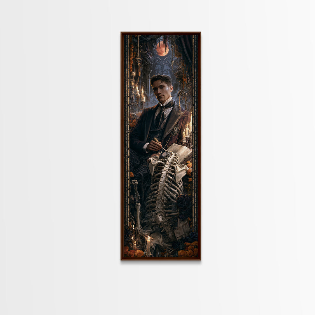 The Bone Sculptor, Macabre Victorian Decor, Tall Narrow Wall Art, Framed Canvas Print, Gothic Wall Decor, Halloween Portrait Art