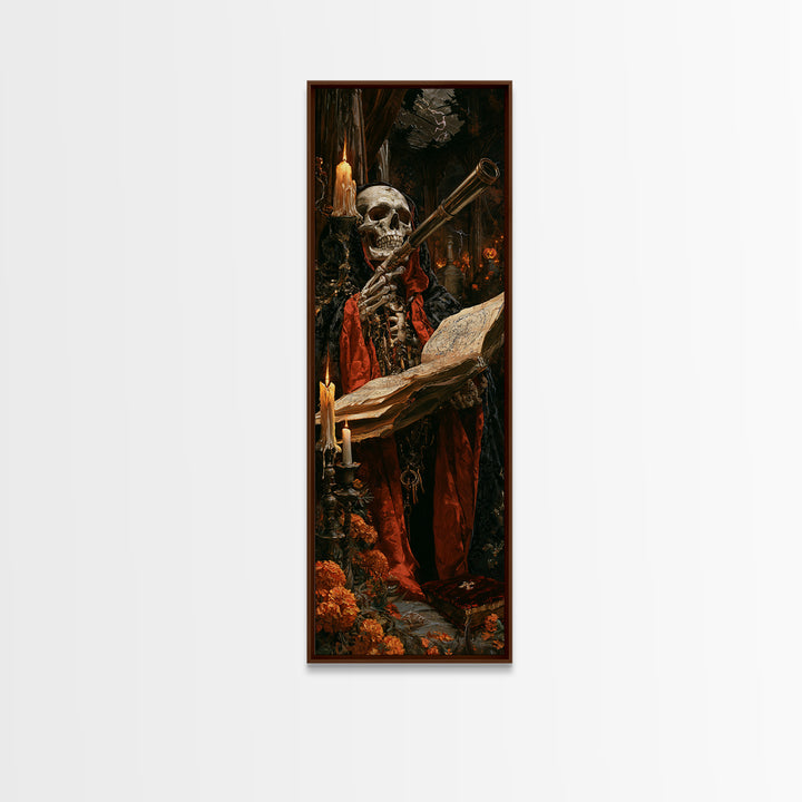The Skull Astronomer, Victorian Gothic Art, Tall Narrow Wall Art, Canvas Print, Gothic Wall Decor, Halloween Portrait Art, Spooky Wall Decor