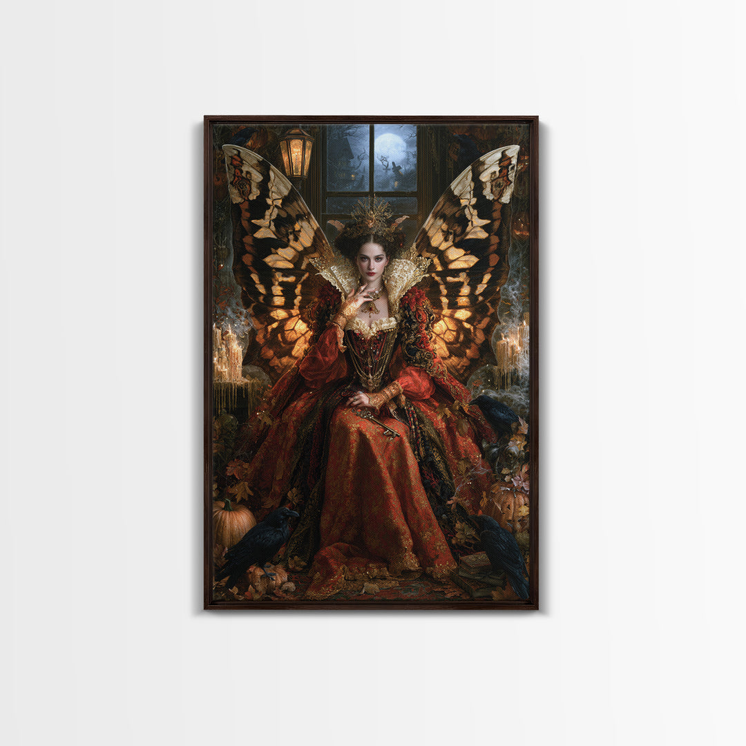 The Moth-Winged Empress, Antique Gothic Portrait, Vertical Wall Art, Framed Canvas Print, Gothic Wall Decor, Halloween Portrait Art