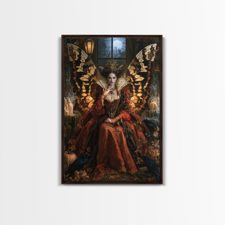 The Moth-Winged Empress, Antique Gothic Portrait, Vertical Wall Art, Framed Canvas Print, Gothic Wall Decor, Halloween Portrait Art