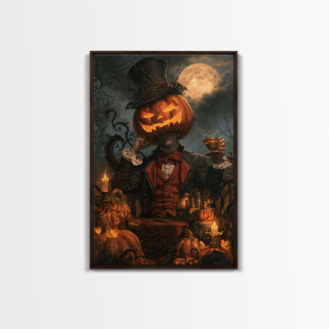The Pumpkin-Headed Tea Merchant, Victorian Gothic Art, Vertical Wall Art, Framed Canvas Print, Gothic Wall Decor, Halloween Portrait Art