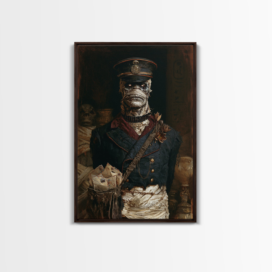The Mummy Mail Carrier, Dark Academia Wall Art, Vertical Wall Art, Framed Canvas Print, Gothic Wall Decor, Halloween Portrait Art
