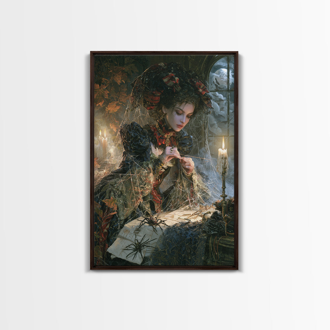The Spider Sewing Circle, Victorian Horror Portrait, Vertical Wall Art, Framed Canvas Print, Gothic Wall Decor, Halloween Portrait Art