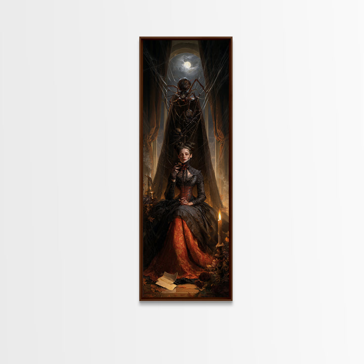 The Spider Sewing Circle, Victorian Horror Portrait, Tall Narrow Wall Art, Framed Canvas Print, Gothic Wall Decor, Halloween Portrait Art