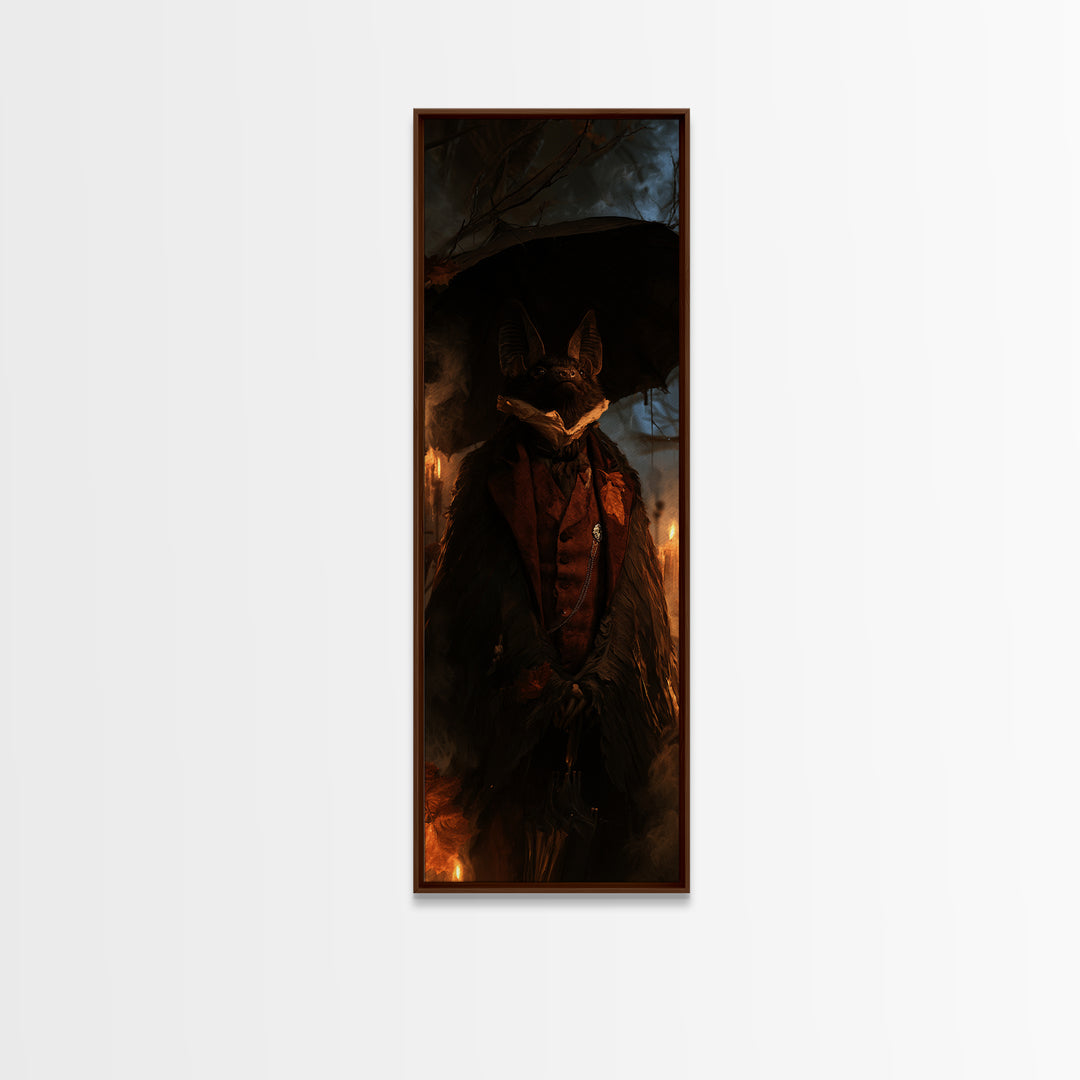 The Bat Umbrella Salesman, Macabre Victorian Decor, Tall Narrow Wall Art, Framed Canvas Print, Gothic Wall Decor, Halloween Portrait Art