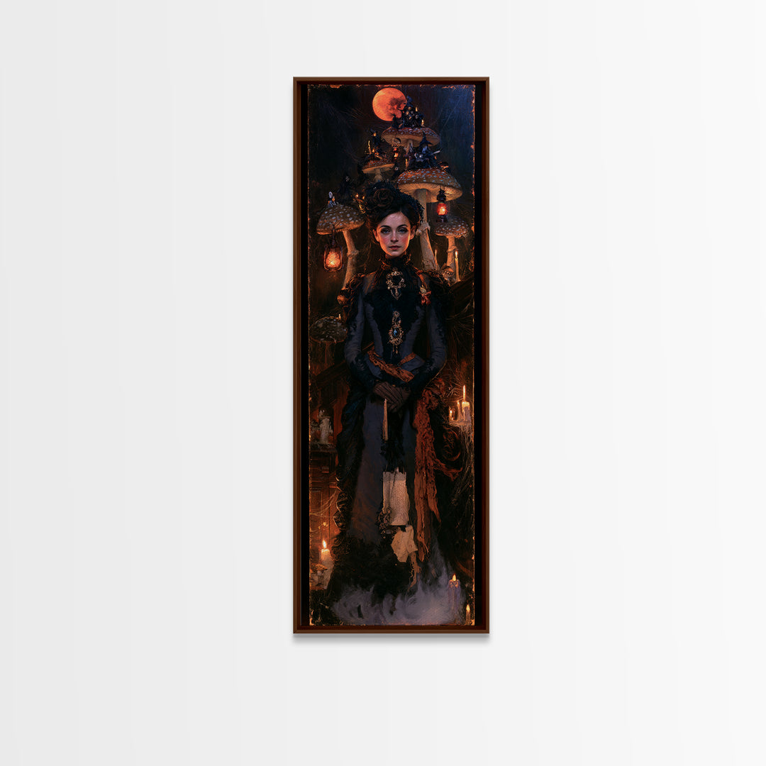 The Moonlit Mushroom Village, Macabre Victorian Decor, Tall Narrow Wall Art, Framed Canvas Print, Gothic Wall Decor, Halloween Portrait Art