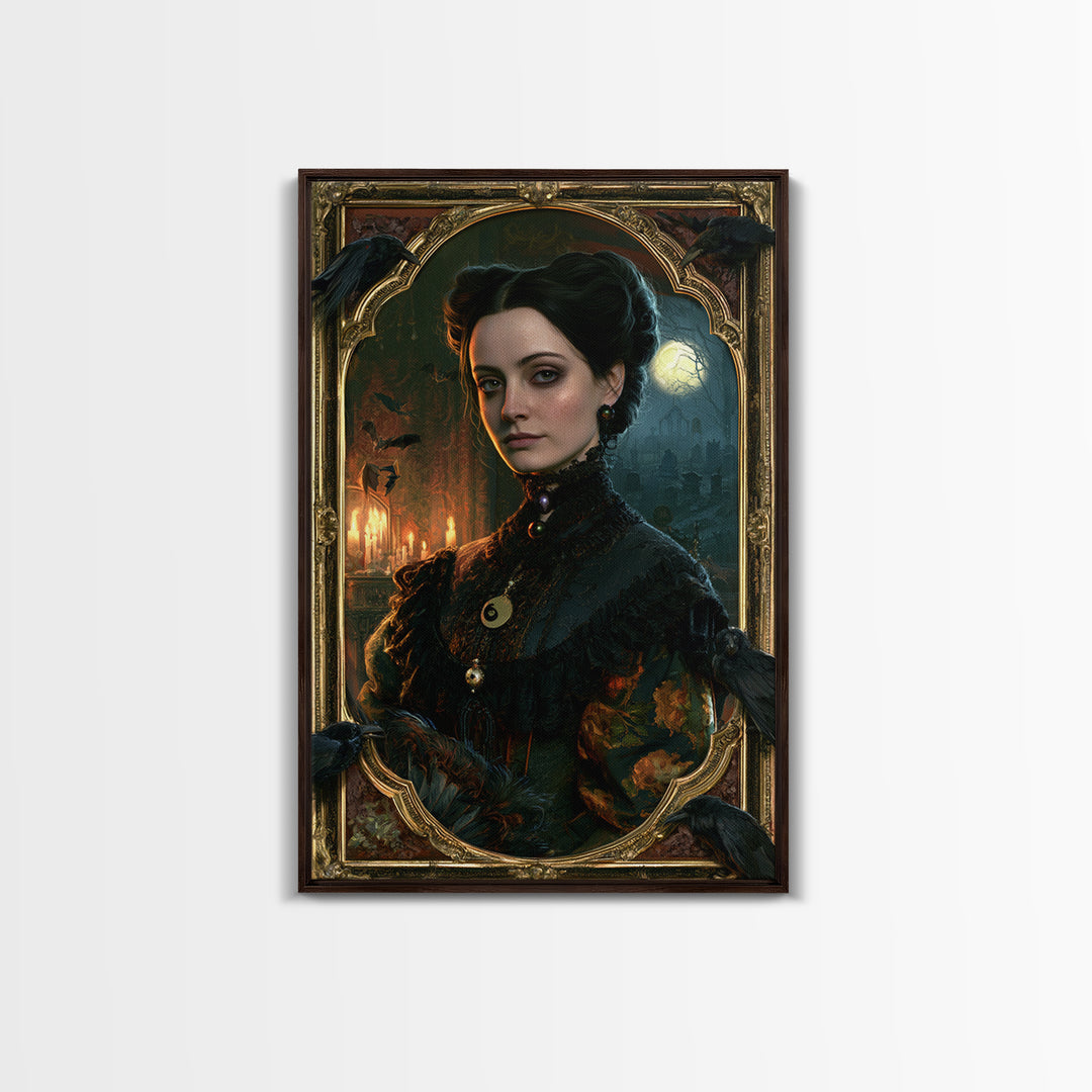 The Raven Post Office, Victorian Horror Portrait, Vertical Wall Art, Framed Canvas Print, Gothic Wall Decor, Halloween Portrait Art