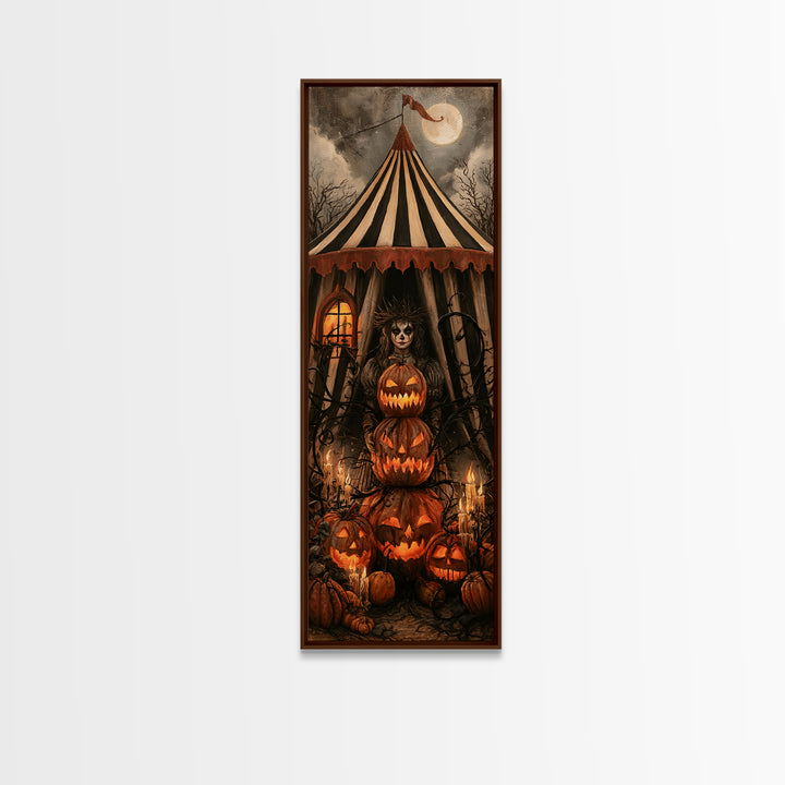 The Jack-O'-Lantern Circus, Macabre Victorian Decor, Tall Narrow Wall Art, Framed Canvas Print, Gothic Wall Decor, Halloween Portrait Art