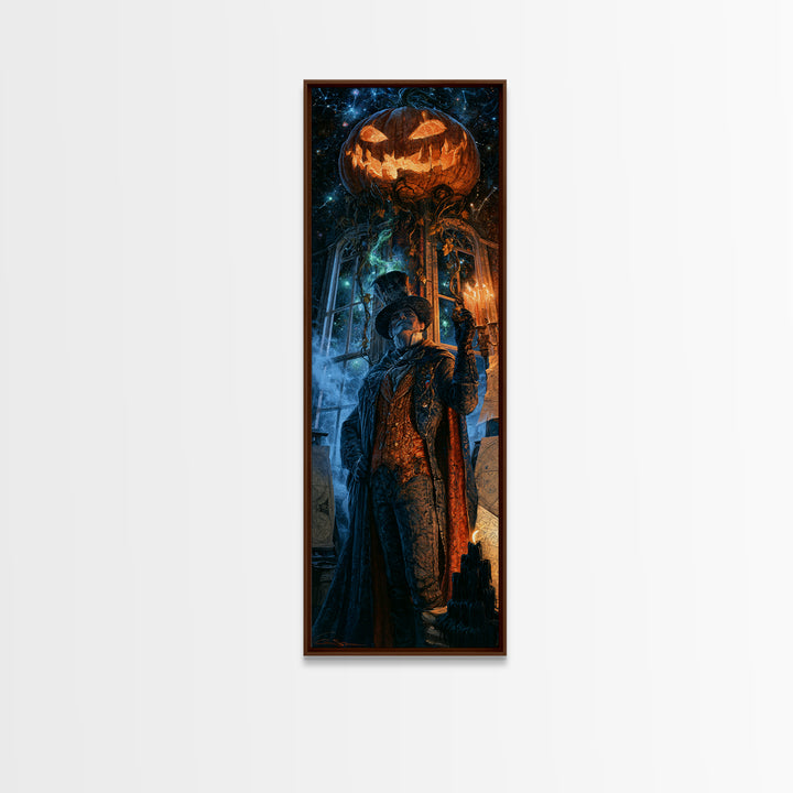 The Cosmic Pumpkin God, Victorian Gothic Art, Tall Narrow Wall Art, Framed Canvas Print, Gothic Wall Decor, Halloween Portrait Art