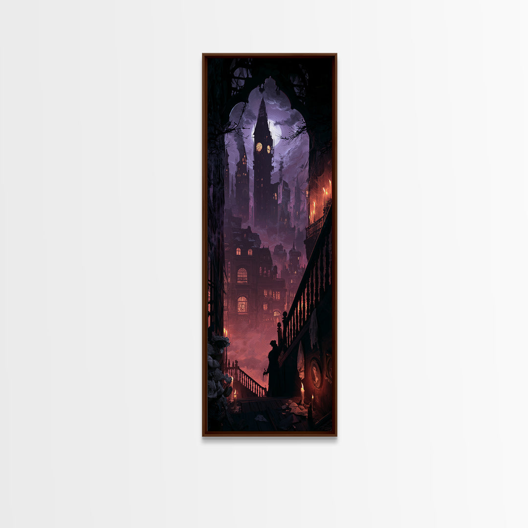The Haunted City Skyline, Dark Academia Wall Art, Tall Narrow Wall Art, Framed Canvas Print, Gothic Wall Decor, Halloween Portrait Art