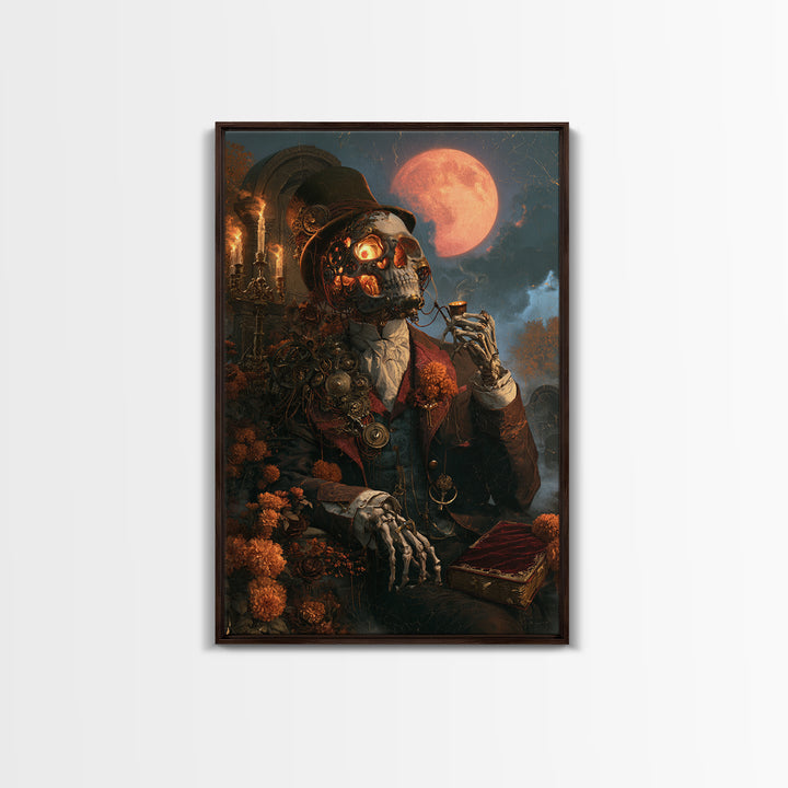 The Biomechanical Skeleton, Antique Gothic Portrait, Vertical Wall Art, Canvas Print, Gothic Wall Decor, Halloween Portrait Art