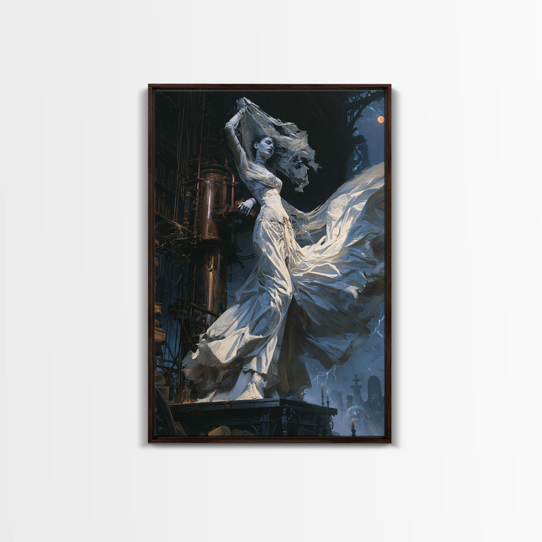 The Stitched Bride Of Thunder Hall, Antique Gothic Portrait, Vertical Wall Art, Framed Canvas Print, Gothic Wall Decor, Halloween Decor