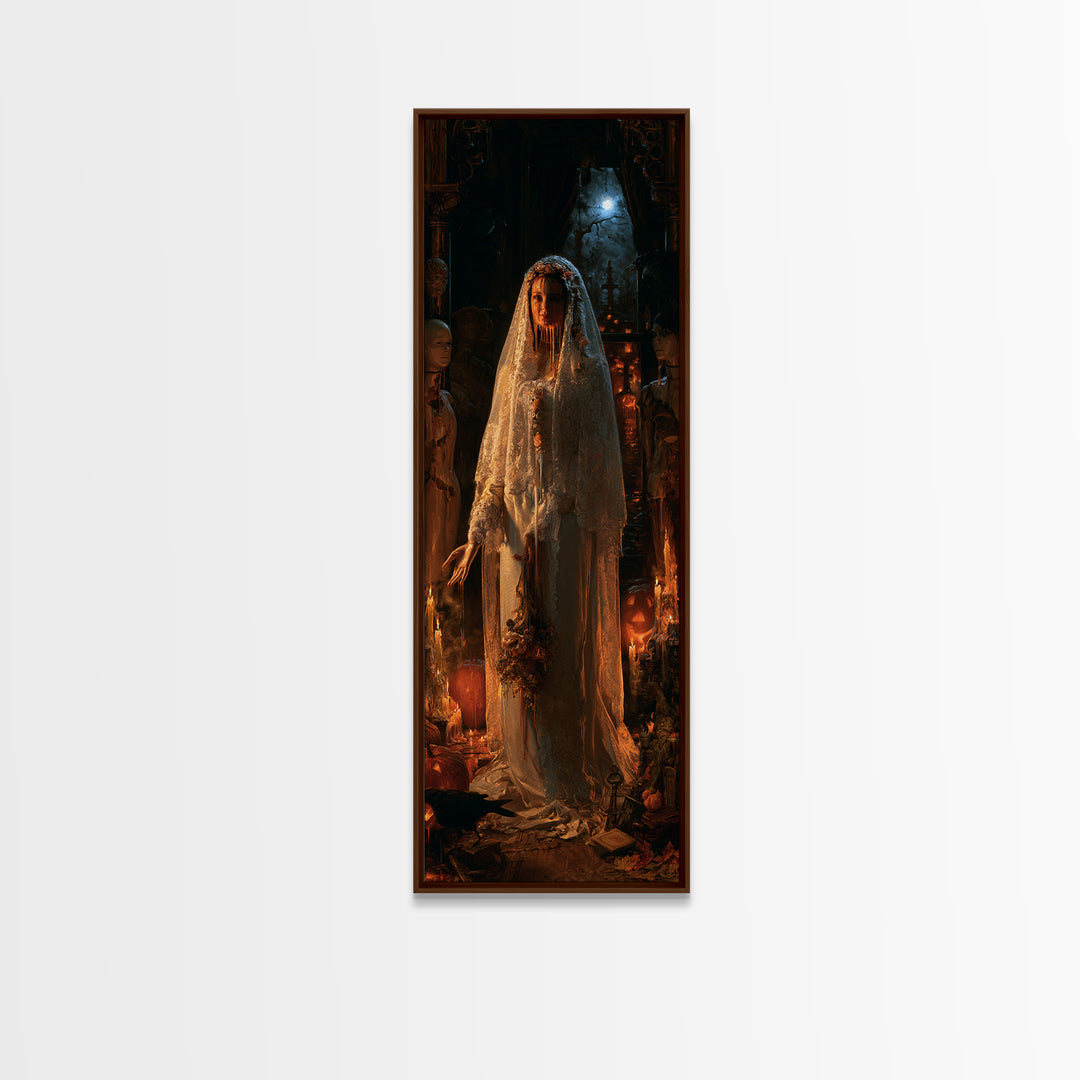 The Wax Bride Of Mourning Hall, Antique Gothic Portrait, Tall Narrow Wall Art, Framed Canvas Print, Gothic Wall Decor, Macabre Wall Art