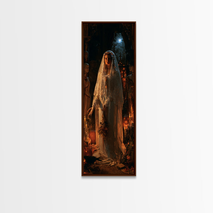 The Wax Bride Of Mourning Hall, Antique Gothic Portrait, Tall Narrow Wall Art, Framed Canvas Print, Gothic Wall Decor, Macabre Wall Art
