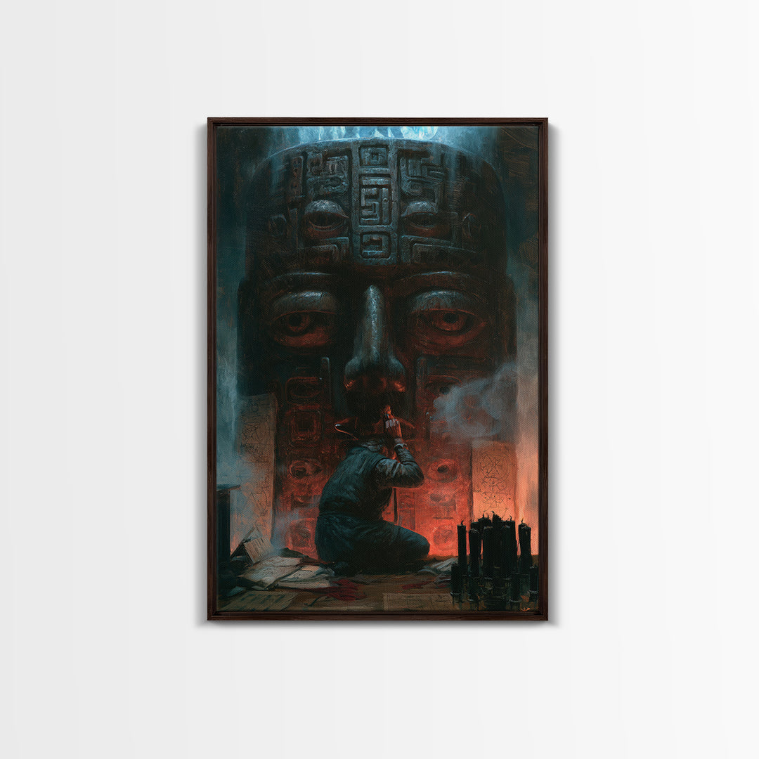 The Custodian Of The Whispering Idol, Victorian Horror Portrait, Vertical Wall Art, Framed Canvas Print, Gothic Wall Decor