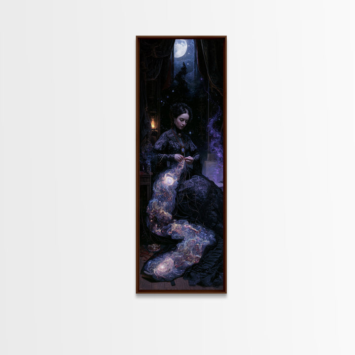 The Seamstress Of Living Nebulae, Victorian Cosmic Horror, Tall Narrow Wall Art, Framed Canvas Print, Gothic Wall Decor