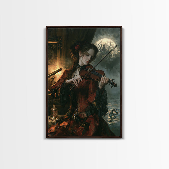The Violinist Of The Drowned Moon, Victorian Horror Portrait, Vertical Wall Art, Framed Canvas Print, Gothic Wall Decor