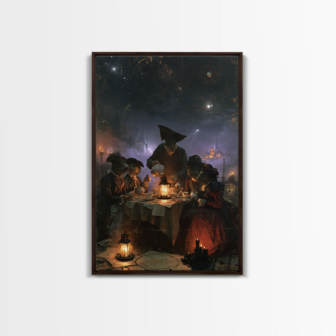 The Tea Party At Innsmouth Pier, Lovecraftian Portrait Art, Vertical Wall Art, Framed Canvas Print, Gothic Wall Decor
