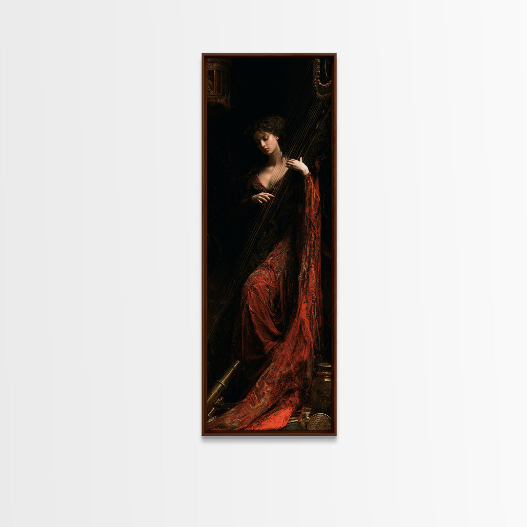 The Harpist Of Abyssal Sleep, Victorian Gothic Art, Tall Narrow Wall Art, Canvas Print, Gothic Wall Decor, Halloween Portrait Art