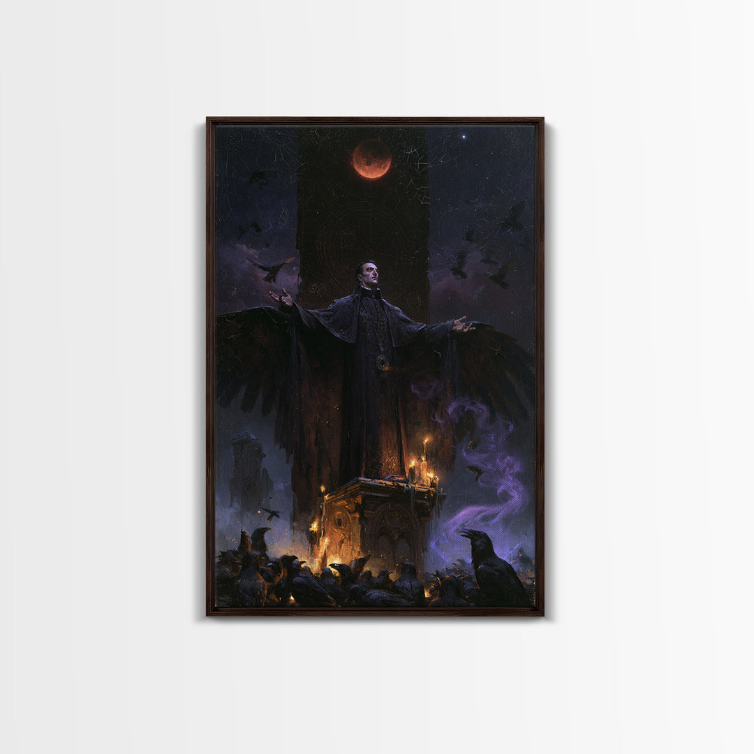 The Raven Sermon Of Leng, Victorian Horror Portrait, Vertical Wall Art, Framed Canvas Print, Gothic Wall Decor, Halloween Portrait Art