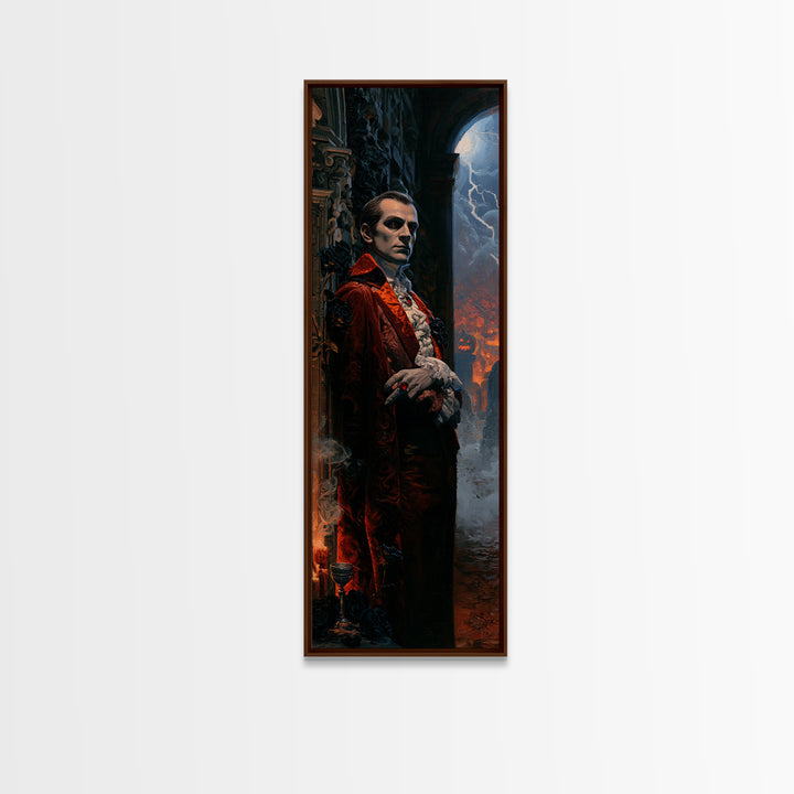 The Crimson Count, Victorian Vampire Portrait, Tall Narrow Canvas Print, Antique Style Decor, Gothic Wall Decor, Classic Monster Art