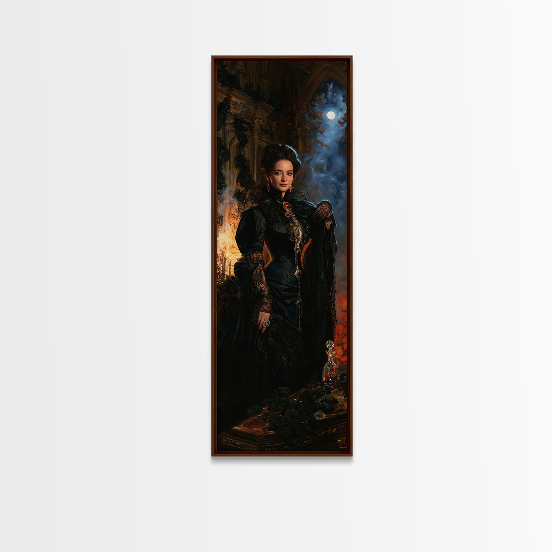 The Rose-Coffin Countess, Victorian Vampire Portrait, Tall Narrow Canvas Print, Macabre Home Decor, Gothic Wall Decor, Classic Monster Art