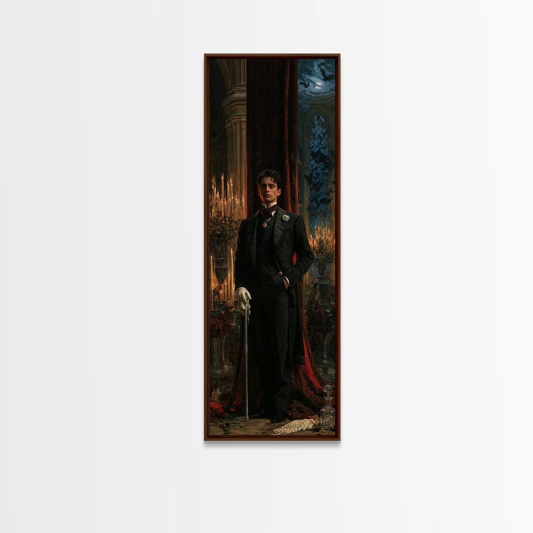 The Moonlit Viscount, Victorian Vampire Portrait, Tall Narrow Canvas Print, Classic Halloween Decor, Classic Monster Art