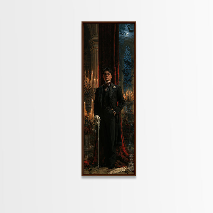 The Moonlit Viscount, Victorian Vampire Portrait, Tall Narrow Canvas Print, Classic Halloween Decor, Classic Monster Art