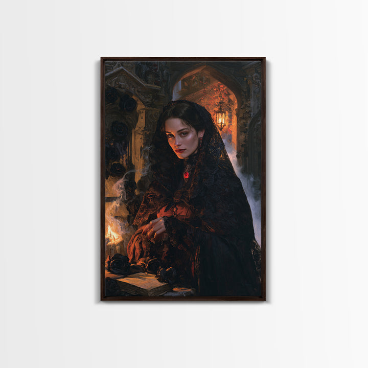 The Widow Of Black Veils, Victorian Vampire Portrait, Vertical Canvas Print, Classic Halloween Decor, Gothic Wall Decor, Classic Monster Art
