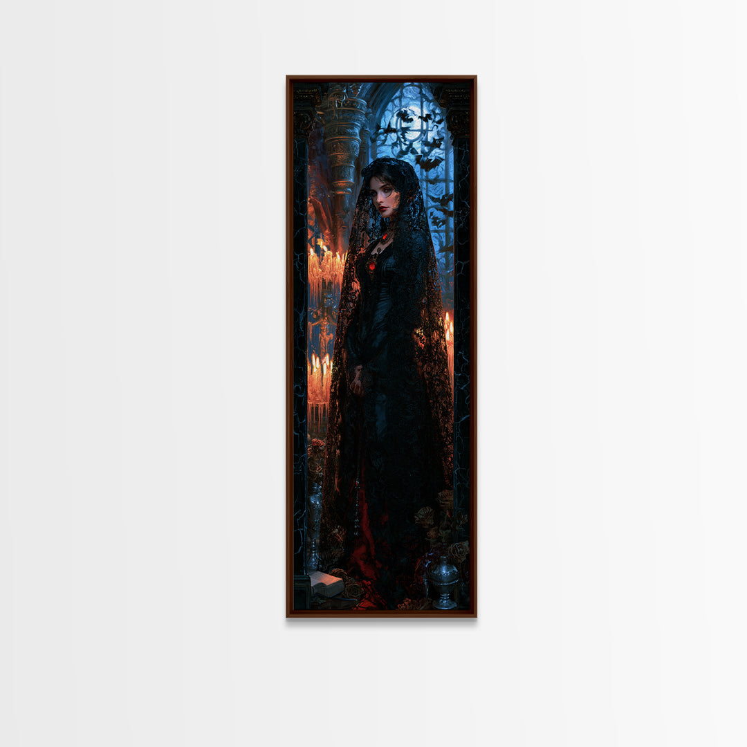 The Widow Of Black Veils, Victorian Vampire Portrait, Tall Narrow Canvas Print, Dark Academia Decor, Classic Monster Art