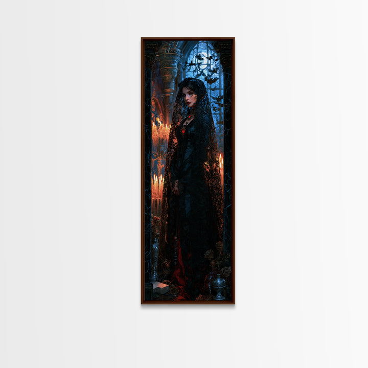 The Widow Of Black Veils, Victorian Vampire Portrait, Tall Narrow Canvas Print, Dark Academia Decor, Classic Monster Art