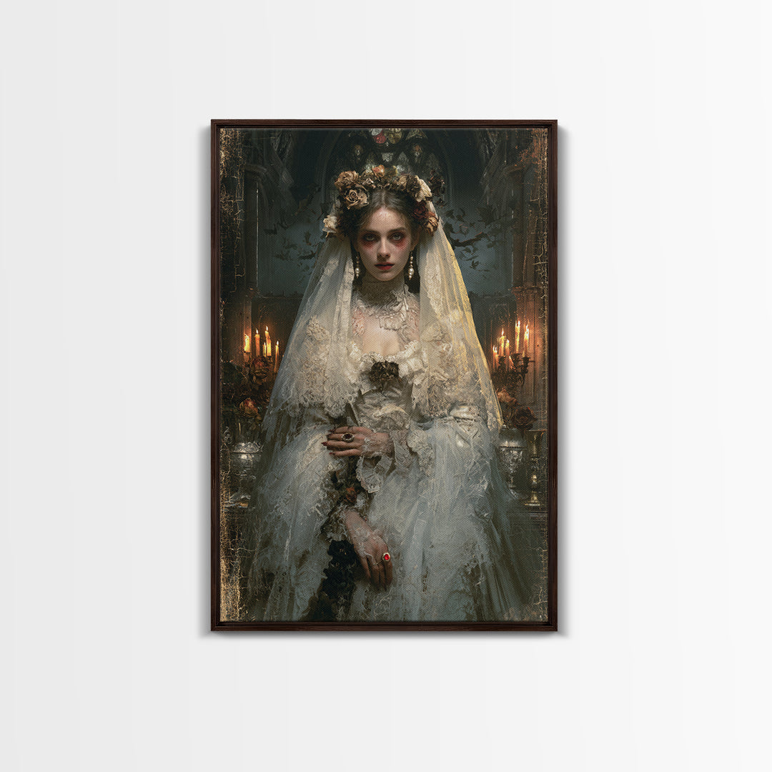 The Chapel Crypt Bride, Victorian Vampire Portrait, Vertical Canvas Print, Macabre Home Decor, Spooky Season Decor, Classic Monster Art