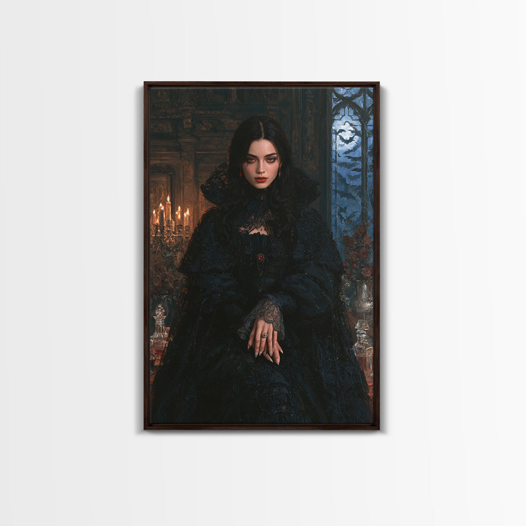 The Velvet-Fanged Heiress, Victorian Vampire Portrait, Vertical Canvas Print, Gothic Home Decor, Gothic Wall Decor, Classic Monster Art