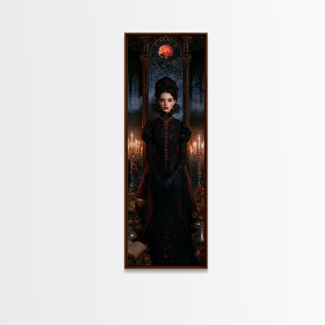The Velvet-Fanged Heiress, Victorian Vampire Portrait, Tall Narrow Canvas Print, Antique Style Decor, Classic Monster Art