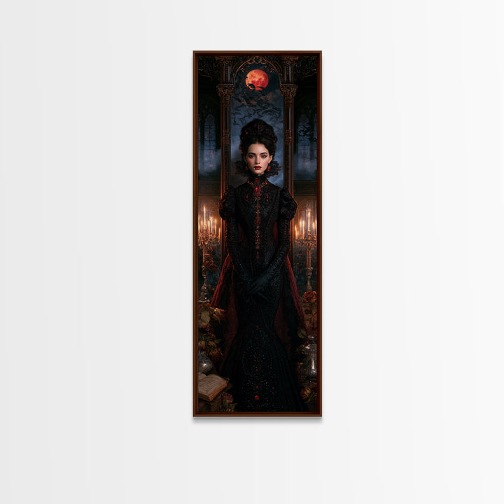 The Velvet-Fanged Heiress, Victorian Vampire Portrait, Tall Narrow Canvas Print, Antique Style Decor, Classic Monster Art