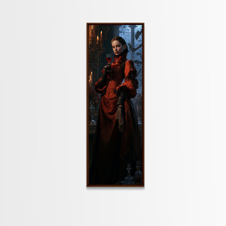 The Scarlet Thirst Duchess, Victorian Vampire Portrait, Tall Narrow Canvas Print, Antique Style Decor, Classic Monster Art