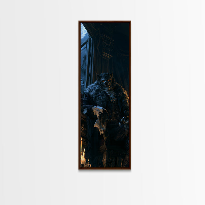 The Silver-Wolf Heir, Victorian Werewolf Portrait, Tall Narrow Canvas Print, Antique Style Decor, Classic Monster Art